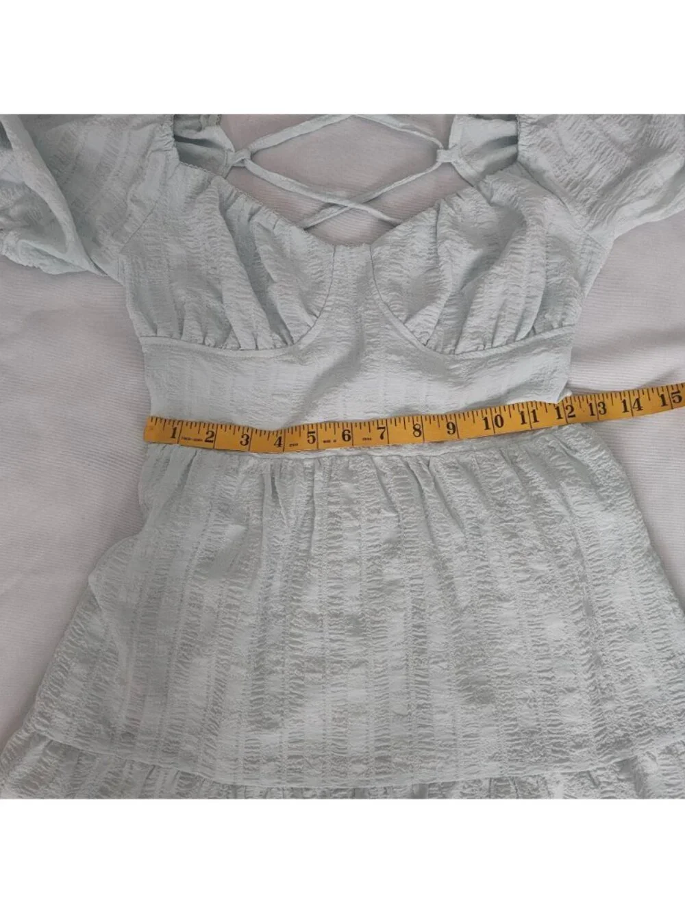 Forever 21 Puff Sleeve Crisscross Tie Back Tiered Skirt Maxi Dress Size Medium - Picture 11 of 13